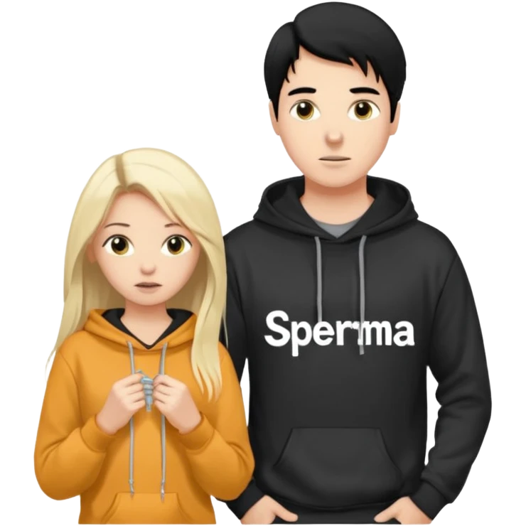 I want it to be this emote 🙍‍♂️
of a white guy with black hair and a black sweatshirt with the word "sperma" written in white in the middle. Behind him, there's a pretty blonde with long hair, pulling the string on the first person's hoodie. The girl is wearing a gray sweatshirt. emoji