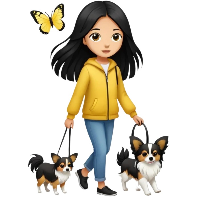 A girl with long black hair walks a yellow and white papillon emoji