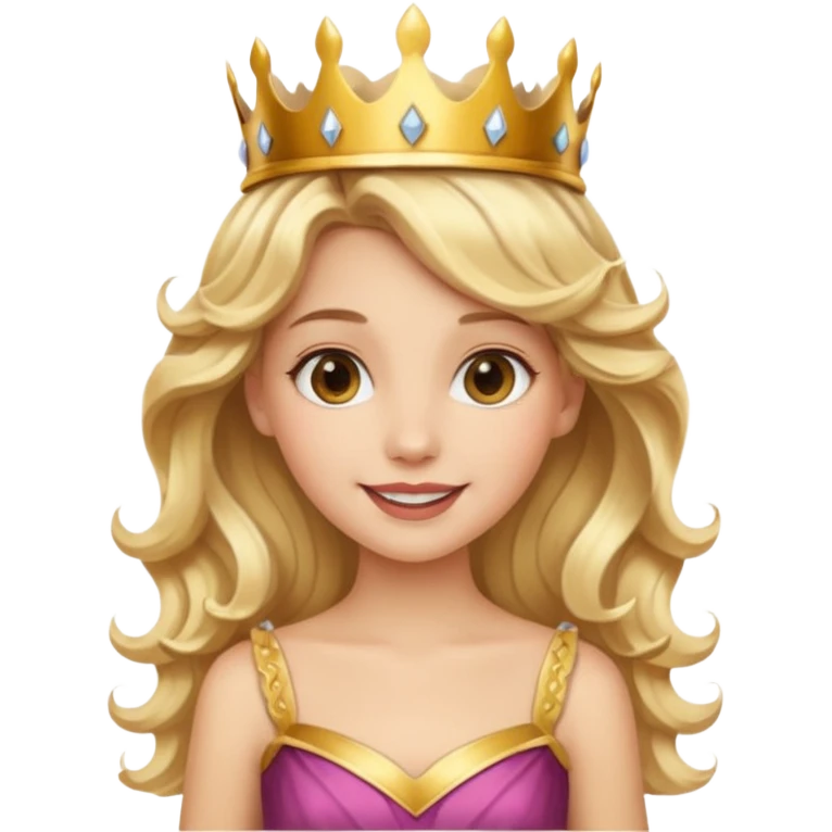Cheerful blonde princess with wavy hair and light gold dress, wearing crown emoji