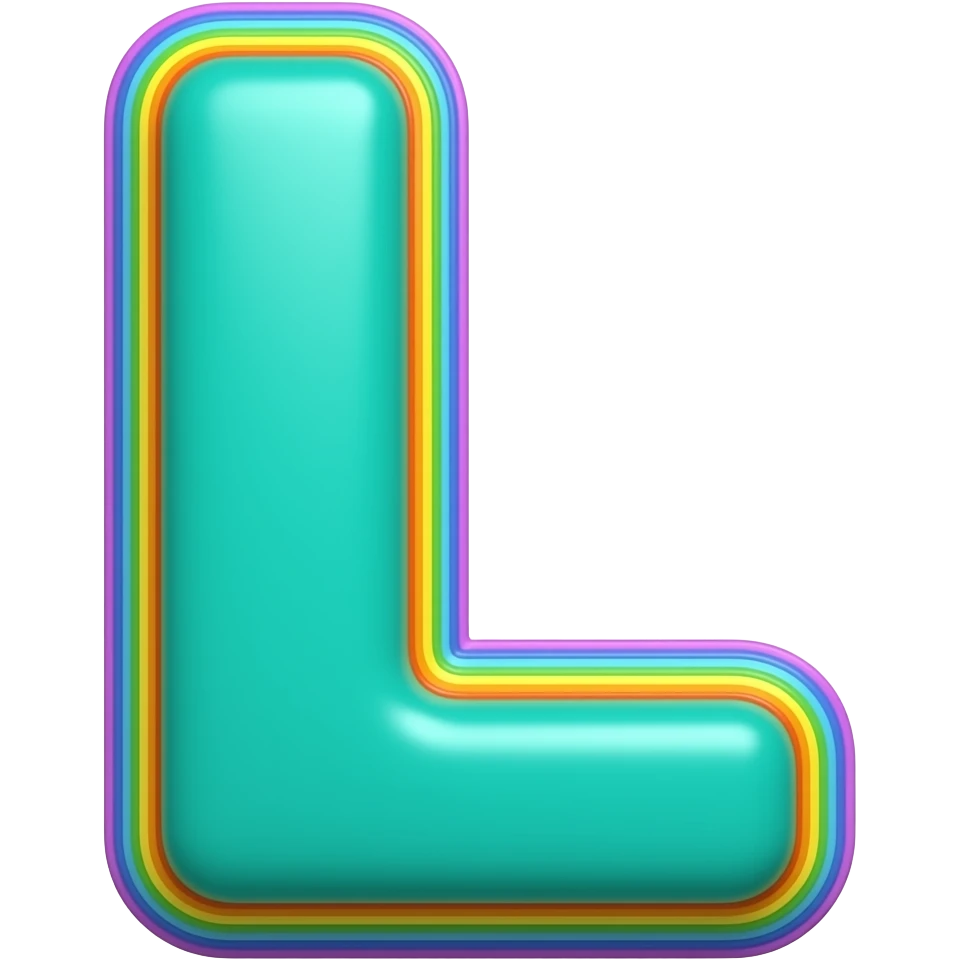 name "L" in Teal, 3D style typography lettering, each color of the rainbow as a border outlined around each letter, isolated, 3d rendering, no emoji icons no emoji faces and must have no human figures emoji