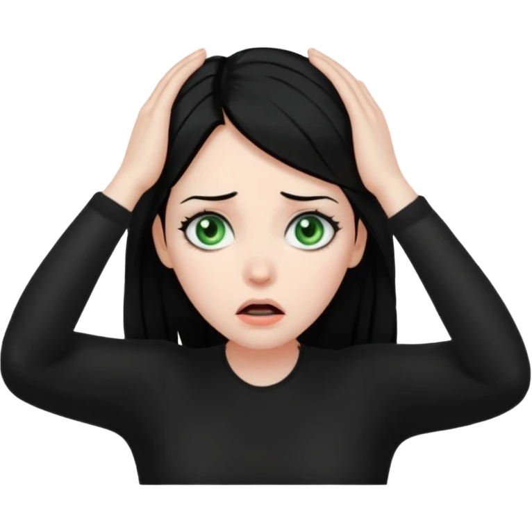 A realistic waist-up portrait of a frightened woman with her hands on her head, black hair and green eyes emoji