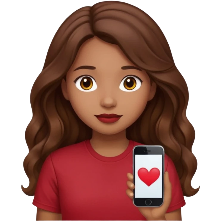 Light brown girl with long wavy brunette hair and blush, wearing dark red tshirt emoji