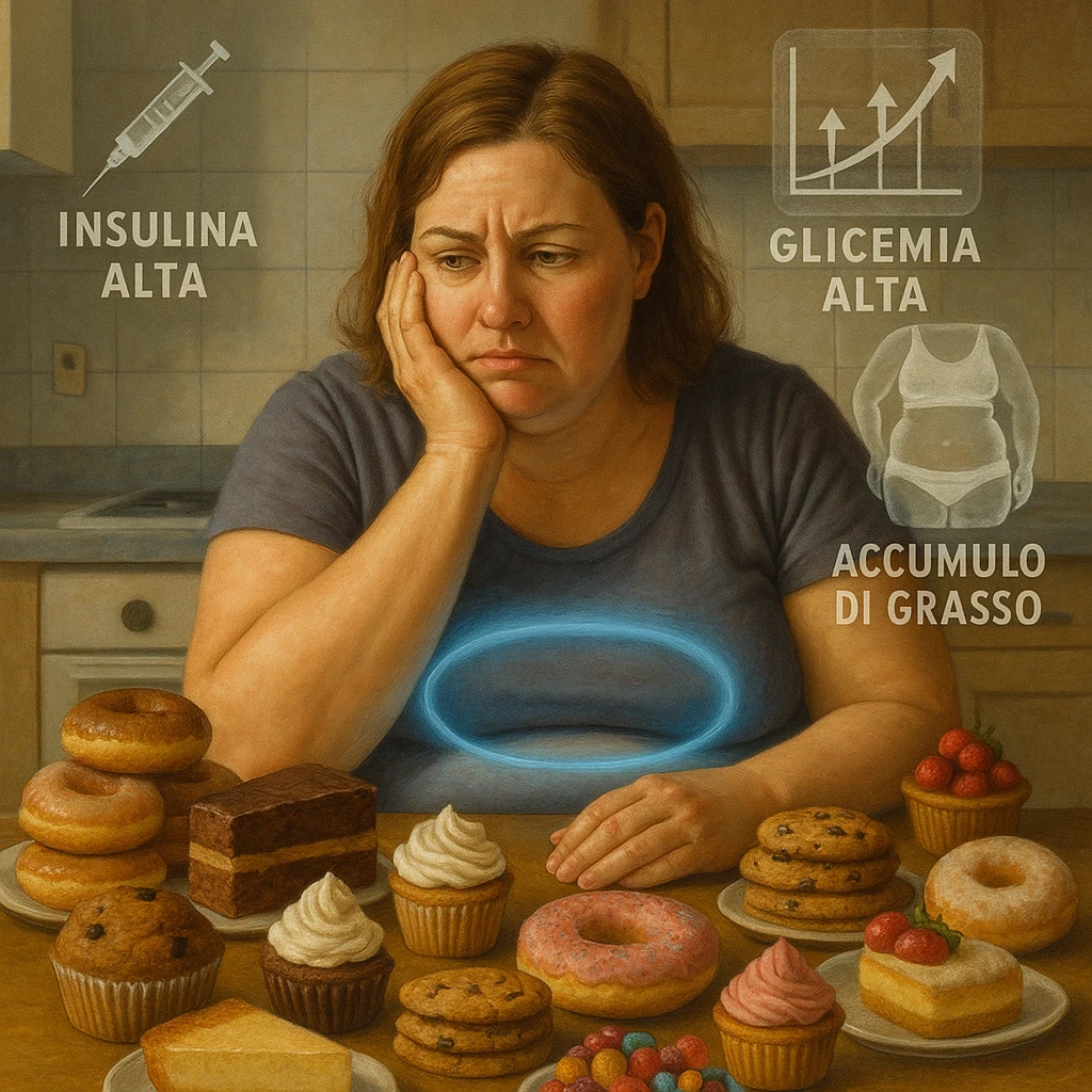 realistic surreal symbolism; woman about 38 years old, slightly overweight, sitting tired at kitchen table with sugary foods; frustrated expression; blue halo around abdomen (metabolic dysfunction); transparent icons: high insulin, rising blood sugar (graph with upward arrows), fat accumulation on abdomen and hips; writings in Italian emoji