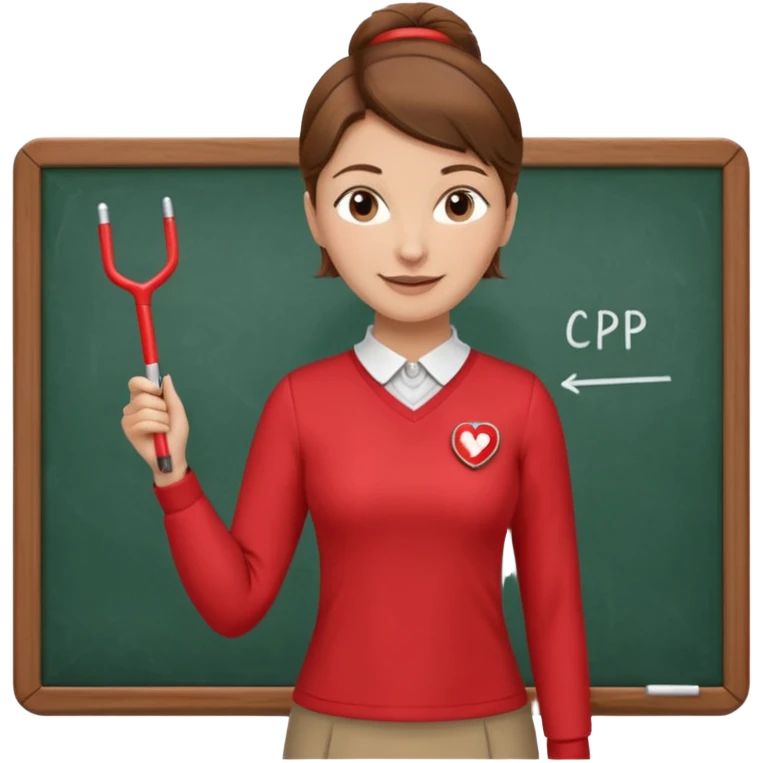 very Happy Teacher, female, brown hair up, wearing a red long sleeve top holding a pointer stick to a white board with a CPR logo. emoji