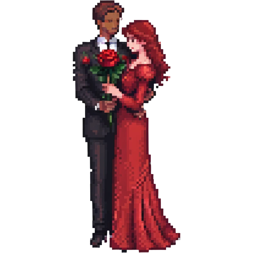 pixel art of a Spanish tango couple, man in black suit with red rose, woman in red dress, close embrace, dramatic pose, vibrant and cute, emoji size emoji