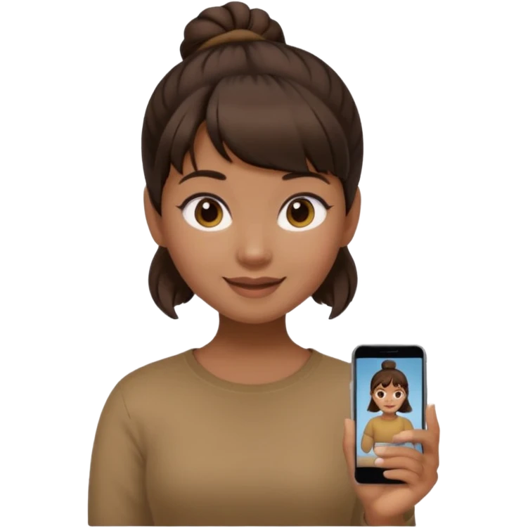 In Apple Memoji format, a girl with dark brown hair. She has bangs and her hair is in a singular high bun. The girl is arab and has light brown skin. She is wearing a brown shirt. She is soft smiling, no teeth shown. emoji