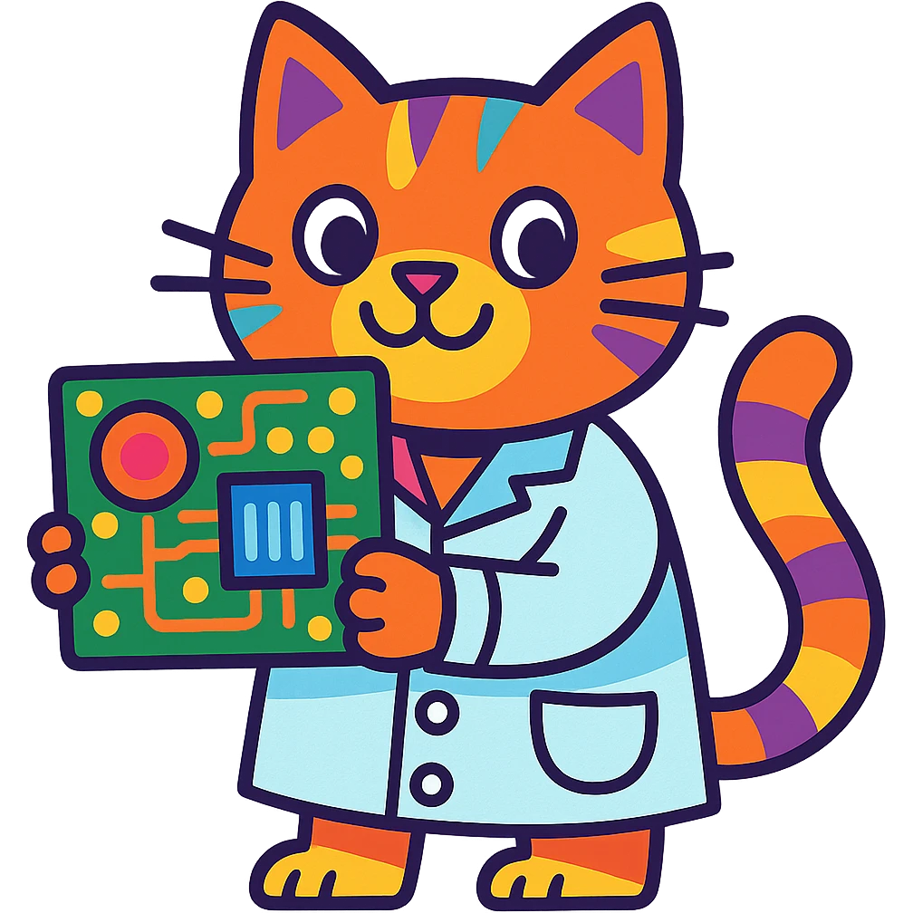 playful and colorful cat in a lab coat holding a circuit board emoji