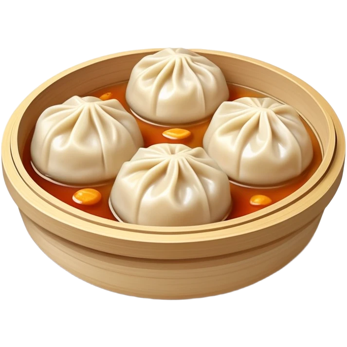 Xiaolongbao soup dumplings with visible soup inside, Chinese dim sum, emoji style emoji