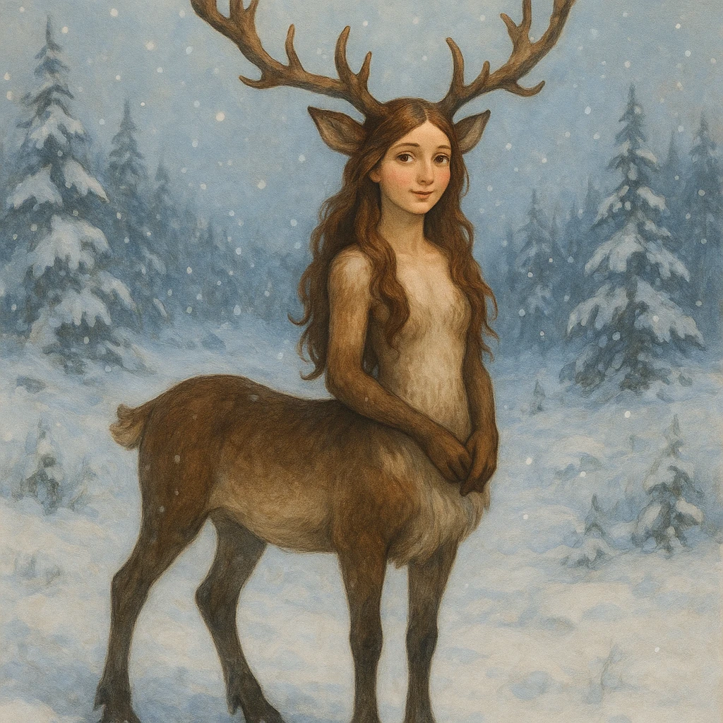 a reindeer-taur, gentle expression, snowy landscape, fantasy art emoji