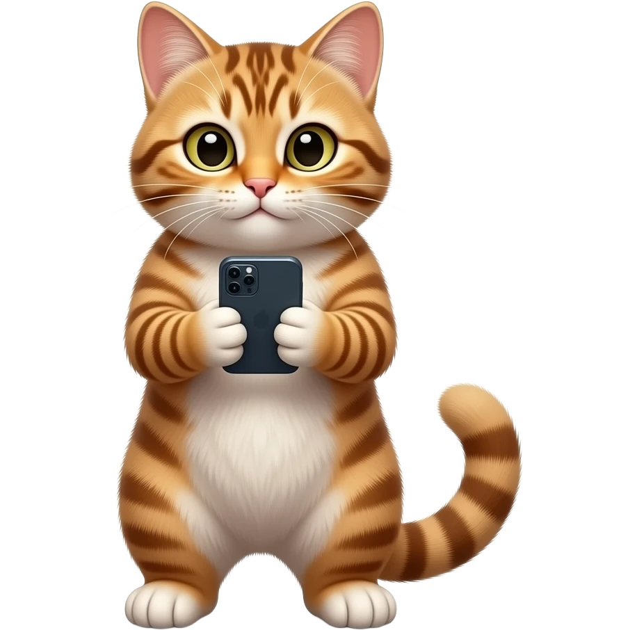 Glossy 3D rendered realistic cat standing upright on two legs, detailed fur and features, front-facing, holding and looking at a smartphone, soft shading, white background emoji