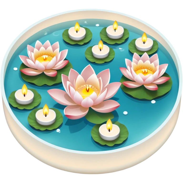A pool with lotus flowers and tea lights floating on water emoji