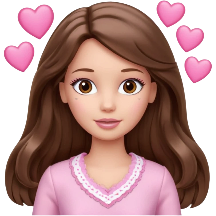 Barbie girl makeup , brown long straight wavy hair and brown eyes is In pale pink clothes There are pink hearts all around emoji