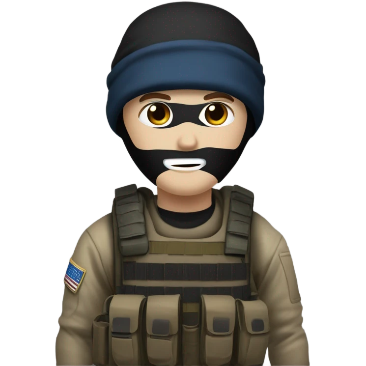 White male, call of duty black mask, camo tactical gear, tan combat boots, black beanie, blue eyes emoji