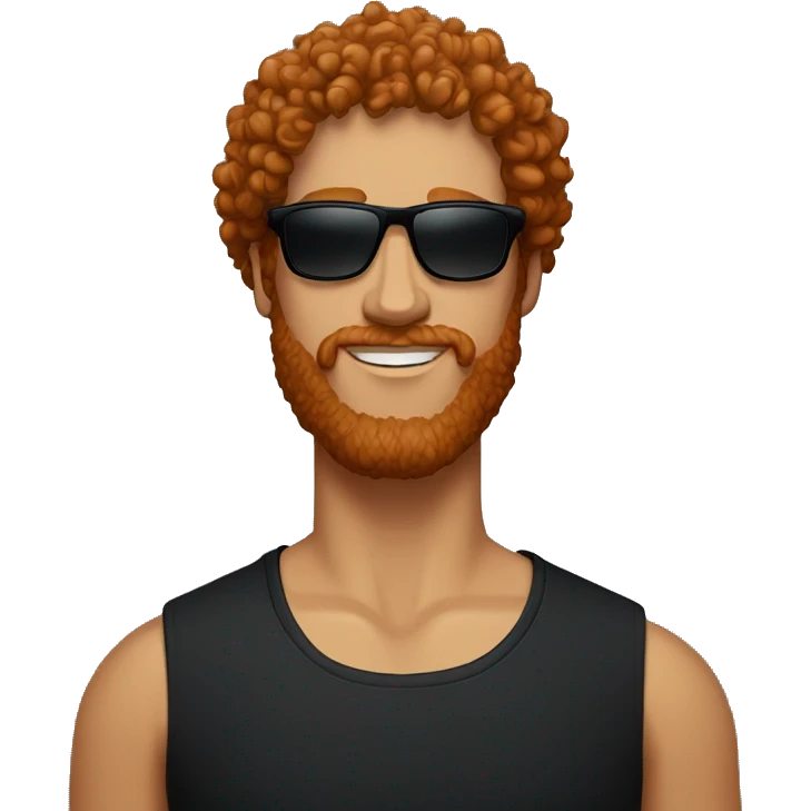Red-haired man with curly hair and a beard, wearing a black Nike t-shirt and sunglasses emoji