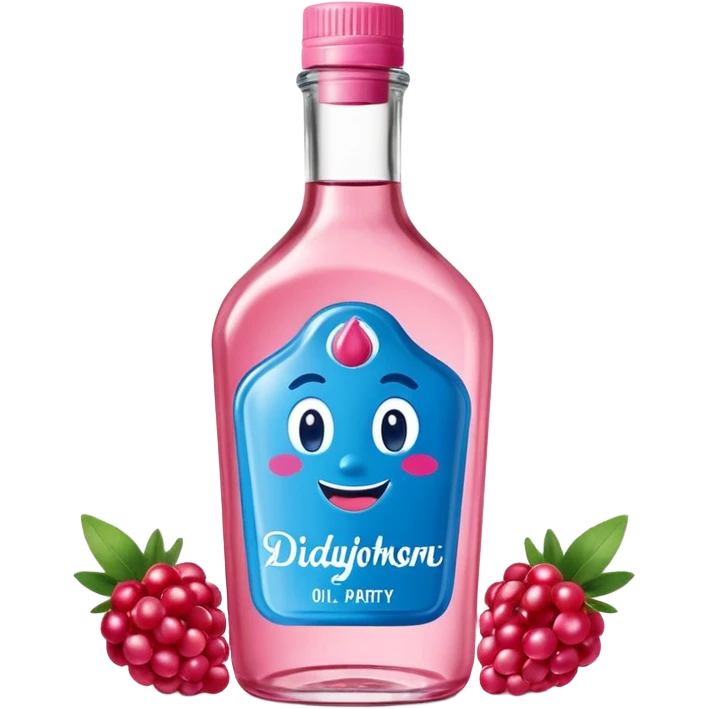 bottle of oil blue top pink outside with logo that says Diddy Party oil Johnson and Johnson  brand with a smiling berry on top emoji