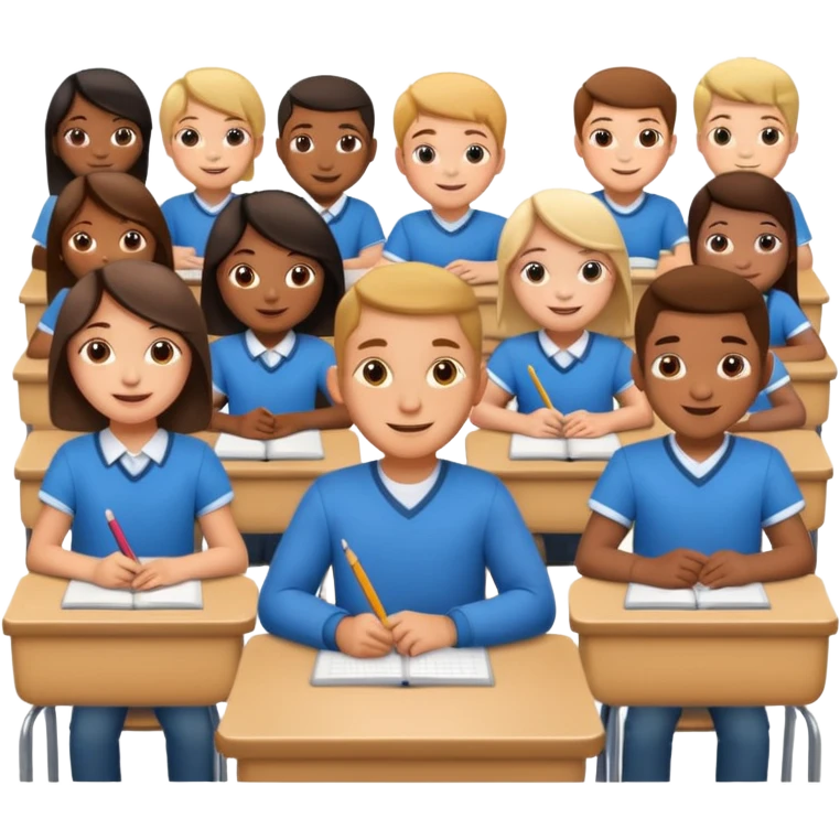 school children sitting in a row behind their school desks emoji