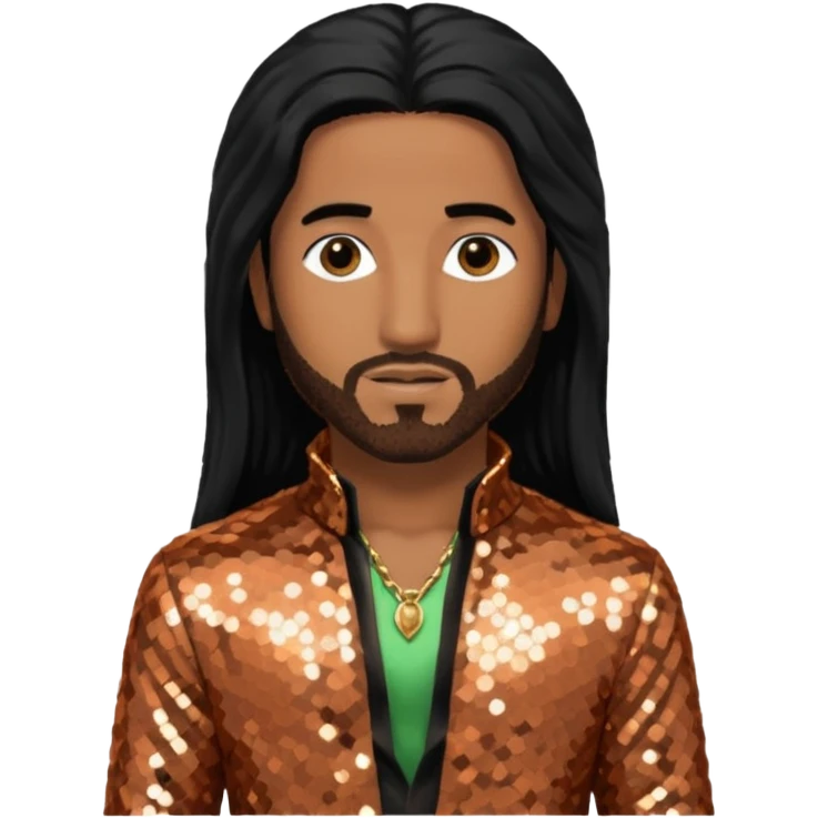 Omarion with long black hair, copper sequin outfit emoji