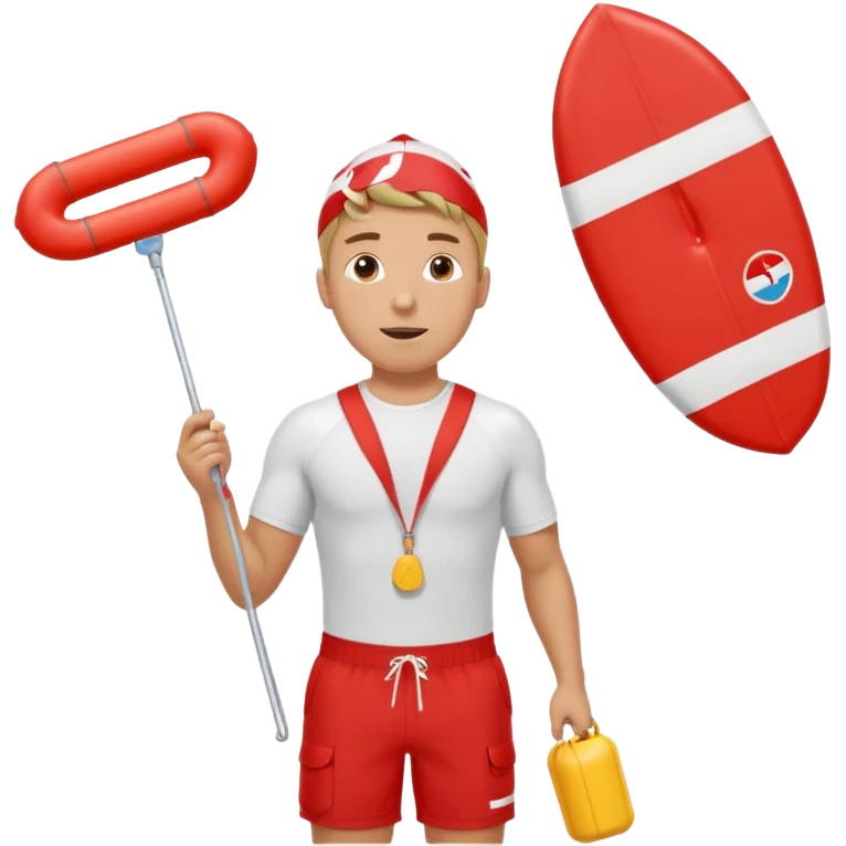 Male lifeguard – red shorts, whistle around neck, holding rescue float. emoji
