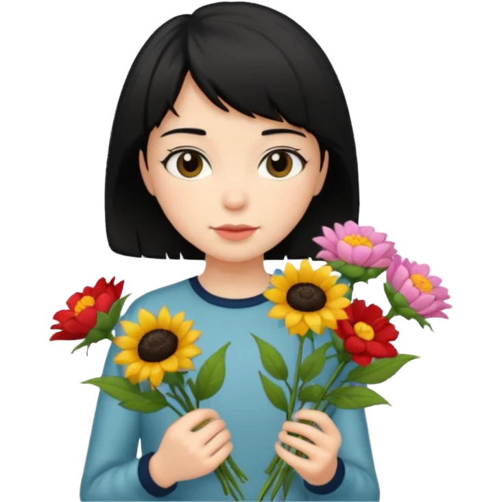 a pretty bratz fair girl with short black shaggy hair with a tall boy and flowers emoji