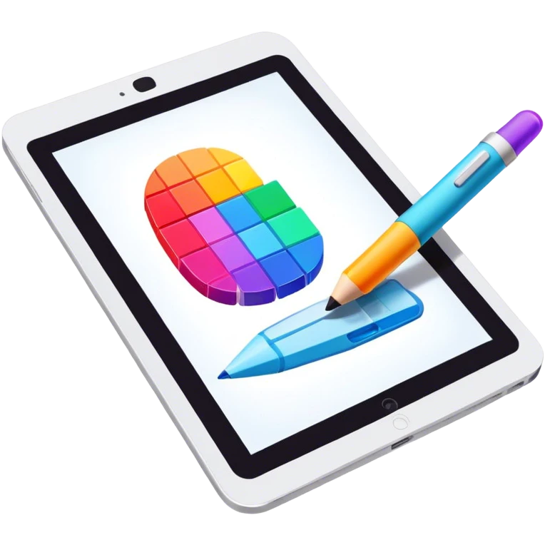 Computer graphics icon, digital design tools like a stylus, tablet, pixelated image, vibrant colors, minimalistic style, clean lines, transparent background. emoji