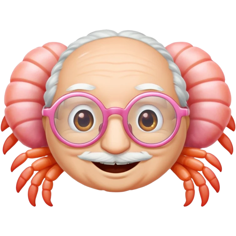 a little shrimp that is old with white hair and glasses, elderly shrimp character with white eyebrows and hair, wearing round glasses emoji