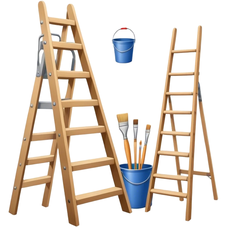 Wall painting icon, wall with an unfinished painting, no frame, a beautiful mural in progress, visible paintbrushes, rollers, and a bucket of paint, wooden ladder beside, minimalistic style, clean lines, transparent background. emoji