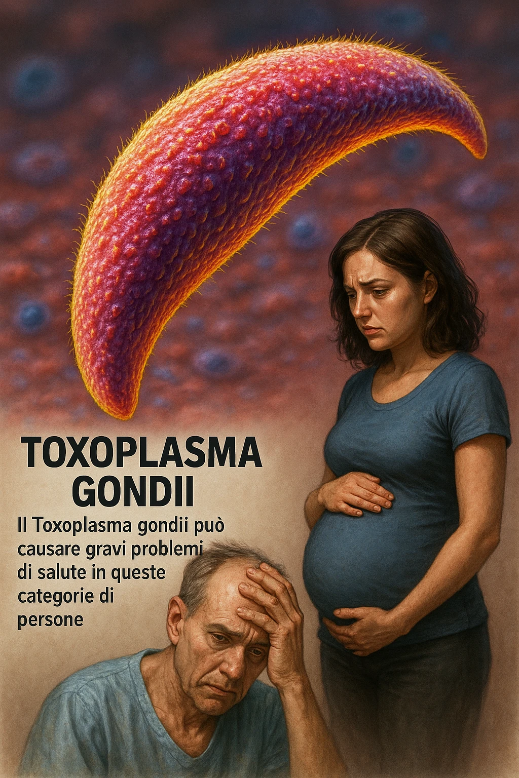 Toxoplasma gondii, infetta uomo immunodepresso e donne incinta. Causando gravi problemi tutto scritto in italiano immagine iperrealistica emoji