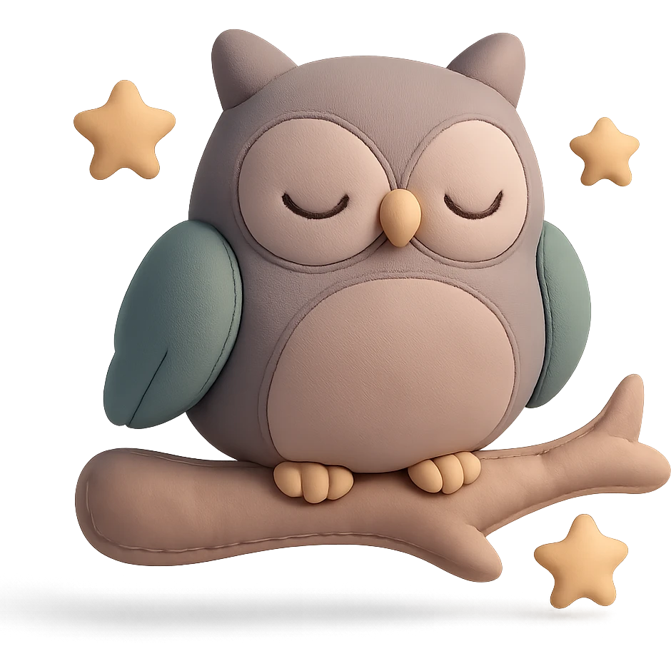 sleepy owl on a tree branch with stars, muted night palette, soft pastel colors, transparent background, cushion style emoji