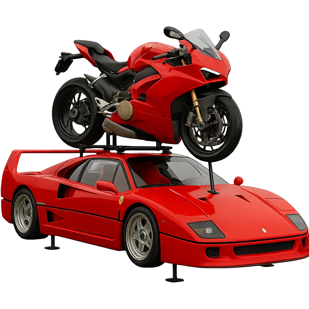 Add visible supports holding up the red motorcycle on the roof of the Ferrari F40. The background should be transparent, isolating the subject clearly. emoji