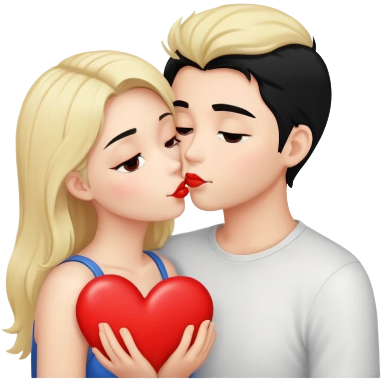 Couple of blonde girl and boy with black hair and fair skin is kissing with a lot of hearts around them emoji
