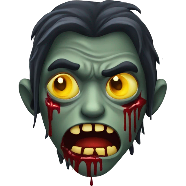zombie vampire with a really dark skin and a sad face with yellow sharp teeth and blood and long hair covering the face emoji