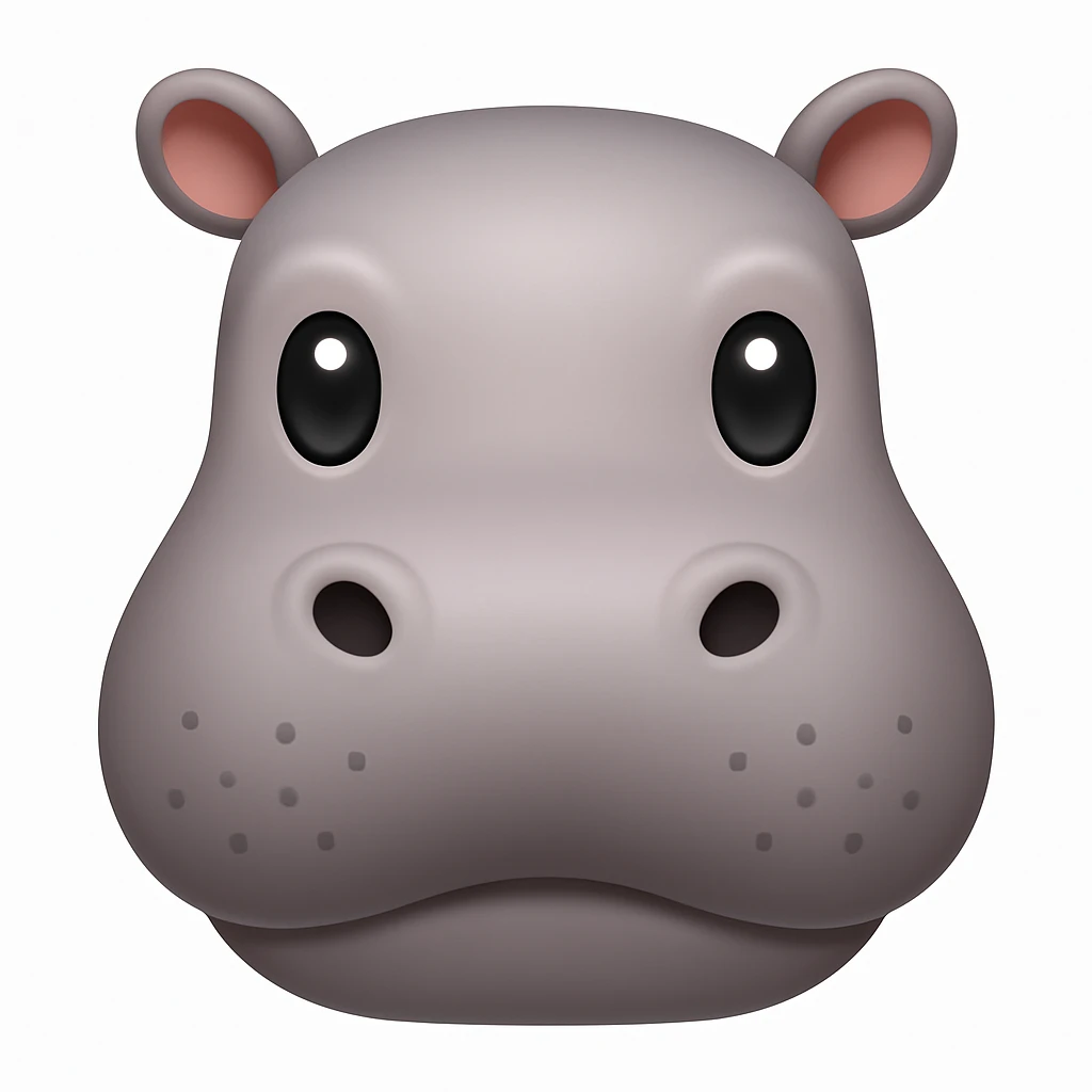 Make a hippo face emoji exactly like the reference image, in iOS emoji style. Same shape, color, and expression, smooth and shiny. Add a subtle highlight. emoji