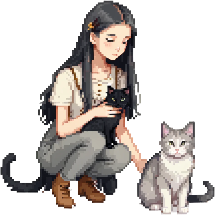 Beautiful girl with long black hair petting a gray and blonde mixed cat emoji