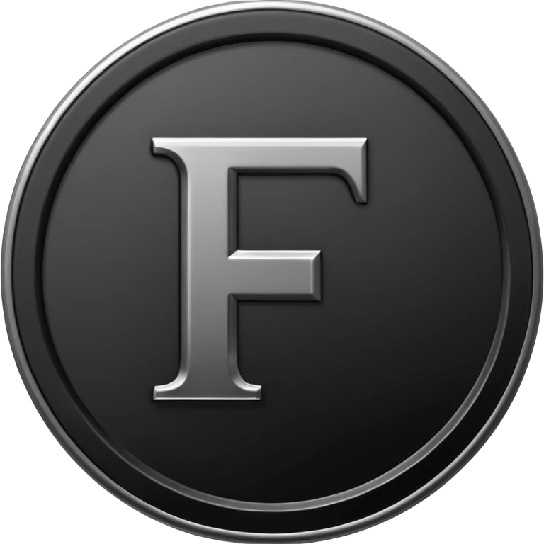 Emoji icon of a black coin with engraved letter F, minimalist style, isolated, no color emoji