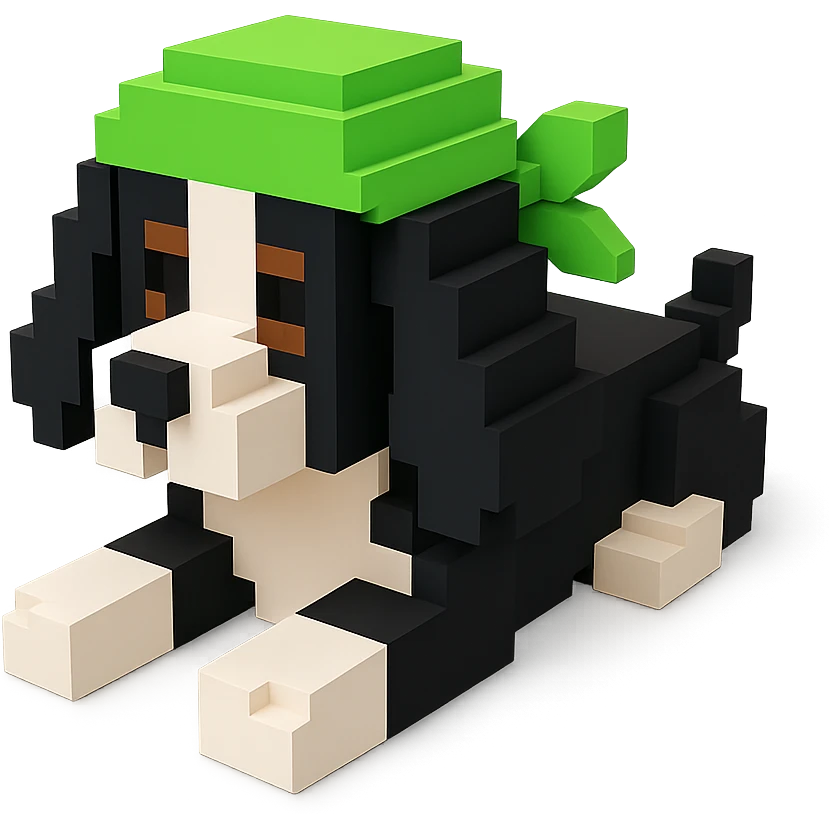 A black and white Russian Cocker Spaniel puppy wearing a green durag, voxel style, lying down emoji