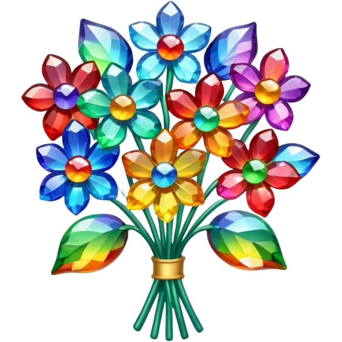 a bouquet of crystal flowers shimmering with rainbow colors, Apple emoji style emoji