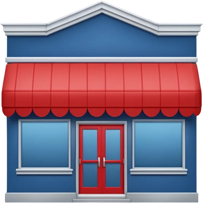 Apple emoji style miniature Lowe’s-like storefront, blue walls, light gray trim, subtle red accents on small elements, large front windows, simple sliding glass doors, small peaked roof, soft rounded edges, minimal details, no text or logos, clean and centered on plain background emoji