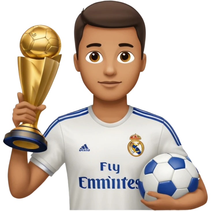 Человек в футболке футбольного клуба Real Madrid. Держащий кубок лиги чемпионов emoji