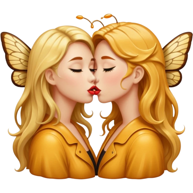 bust two women kissing honey gloss lips, wet hair, moth wings behind emoji