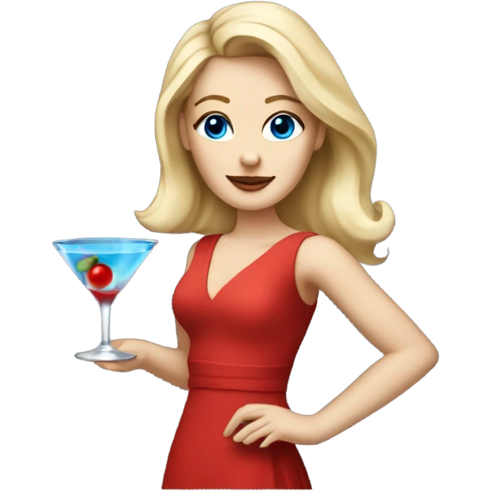Beautiful blonde white woman with blue eyes red dress dancing with martini emoji