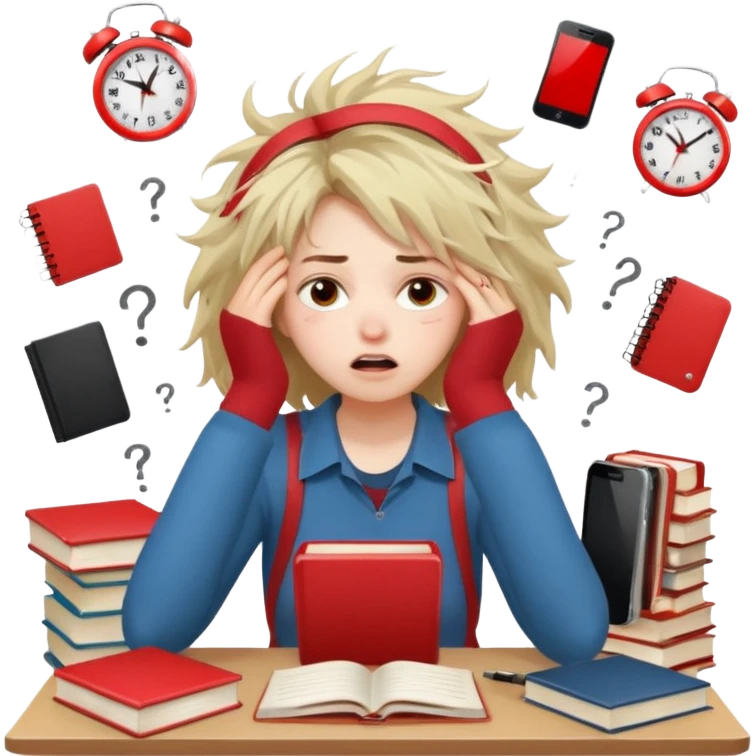 A student girl is sitting in a panic and chaos. On the table, there are a bunch of books, notebooks, and a phone with a red alarm clock on the screen. emoji