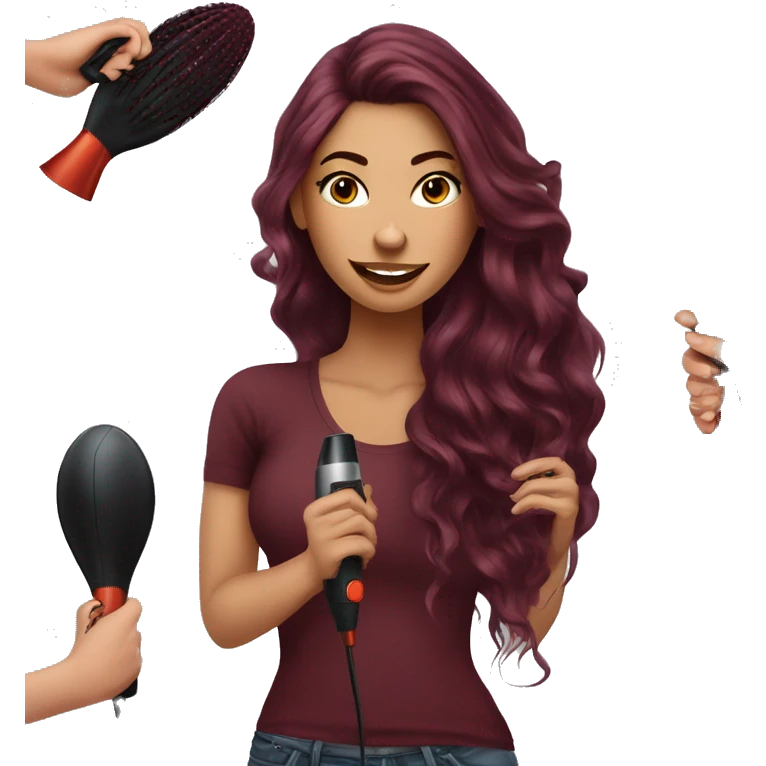 Beautiful tattooed  burgundy long haired woman blow drying her hair emoji