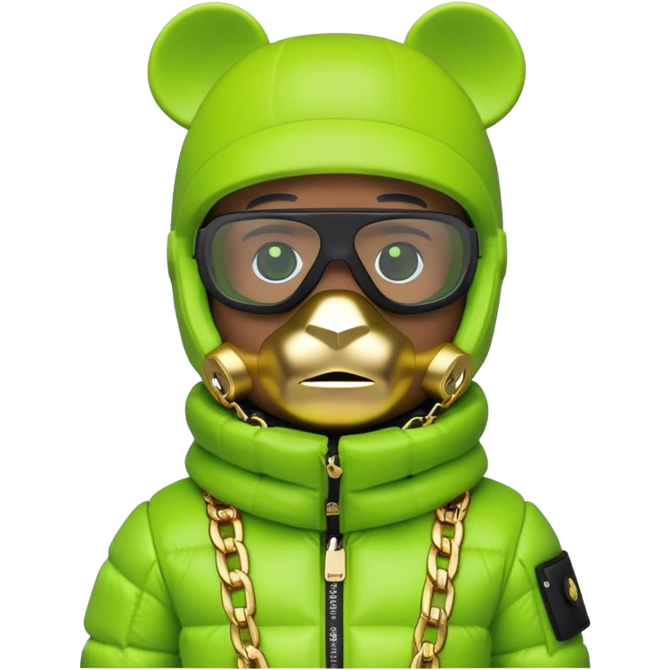 geometric bearbrick in lime green balaclava with brand tags, eyes replaced by integrated single-piece visor lens built into mask itself, not as separate glasses, down jacket with fur hood, gold chains emoji