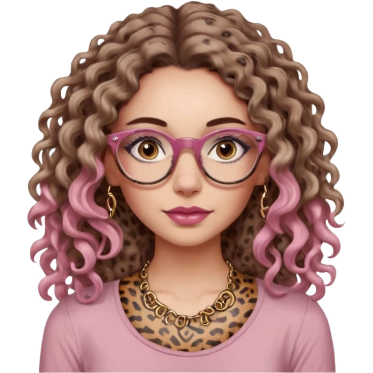 a gray eyed woman with light brunette long curly hair, full lips, pink soft blush and pale skin with leopard printed thin round-ish glasses wearing a silky brown top, a neck tatto that is in the middle of the neck so tiny saying before sunrise in a dactilo font. emoji