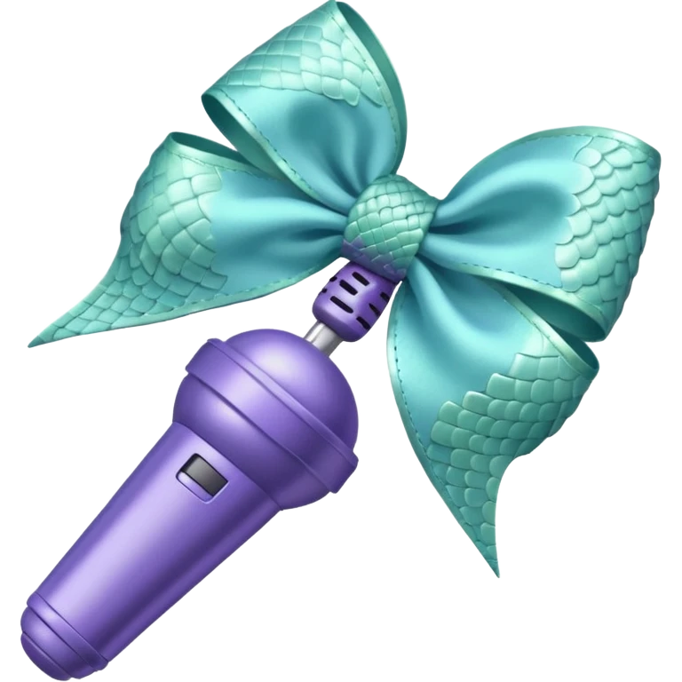 A pastel blue bow with a pastel a pastel green snake at the top of one side and a pastel purple microphone on the bottom of the other side of the bow emoji