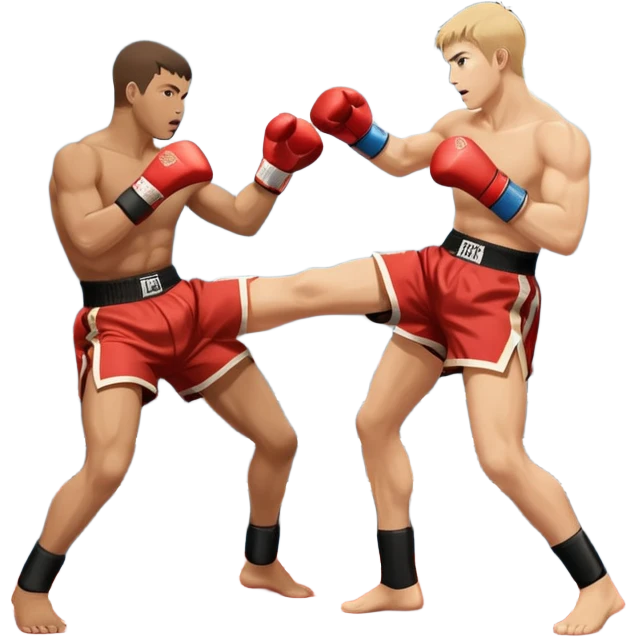 An icon symbolizing kickboxing, featuring two fighters in the midst of an intense match. One throws a powerful roundhouse kick, while the other counters with a punch. The background shows a ring, with ropes and a cheering crowd. Transparent background highlights the action and strength emoji