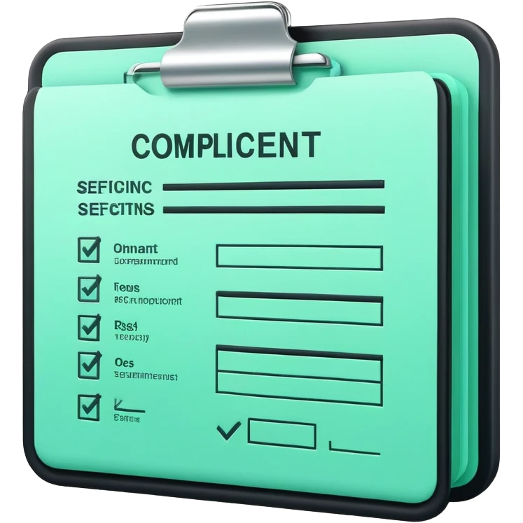 Commande Publique (Public Procurement), 3D technical icon with black and mint green (#B5F4D3), tender document with technical specifications and compliance checklist emoji