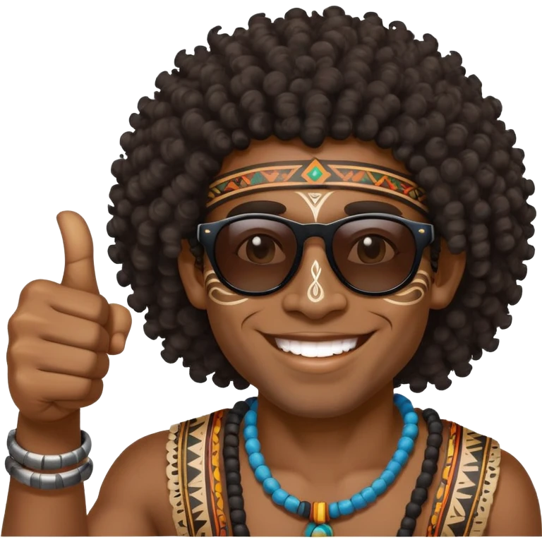 African Black tribal man with curly hair, traditional tribal face paint, wearing sunglasses, smiling, thumbs up emoji