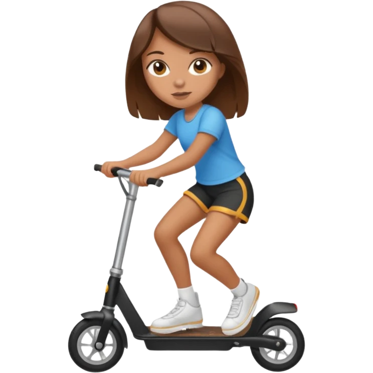 Tan girl with brown hair, riding razor scooter in black shorts emoji