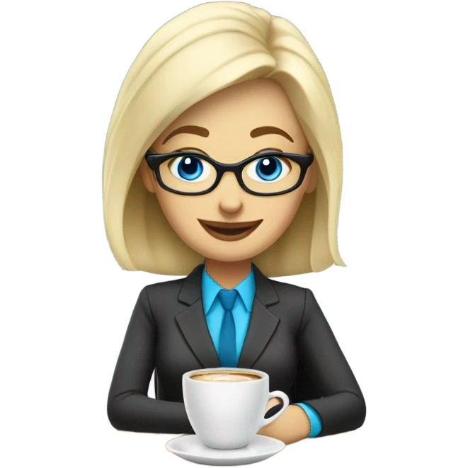 Corporate blonde boss lady with glasses happy blue eyes sitting at a desk drinking coffee  emoji